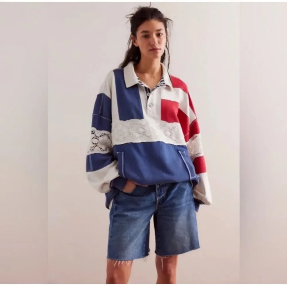 Free People We The Free American Dream Polo Pullover Top Striped